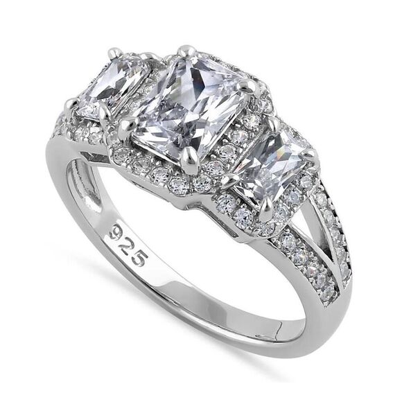 New Sterling Silver Triple Rectangular Halo Clear CZ Engagement Ring - Picture 1 of 4